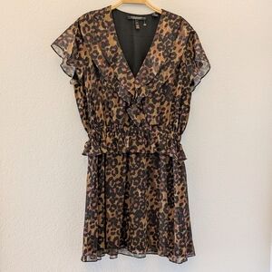 Scotch & Soda Ruffle Short Sleeve Animal Print V Neck Mini Dress